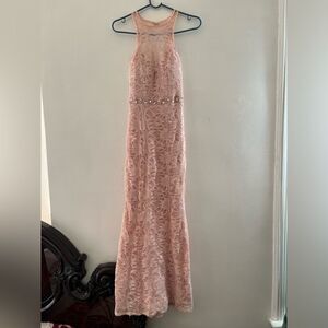 Windsor || Pink Laced Open Back Rhinestone Maxi Dress Halter Neck Top